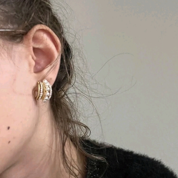 Gold Half Hoop Earrings Pearl Rhinestone Coquette Bridal Wedding Cocktail 💖 - Picture 11 of 16